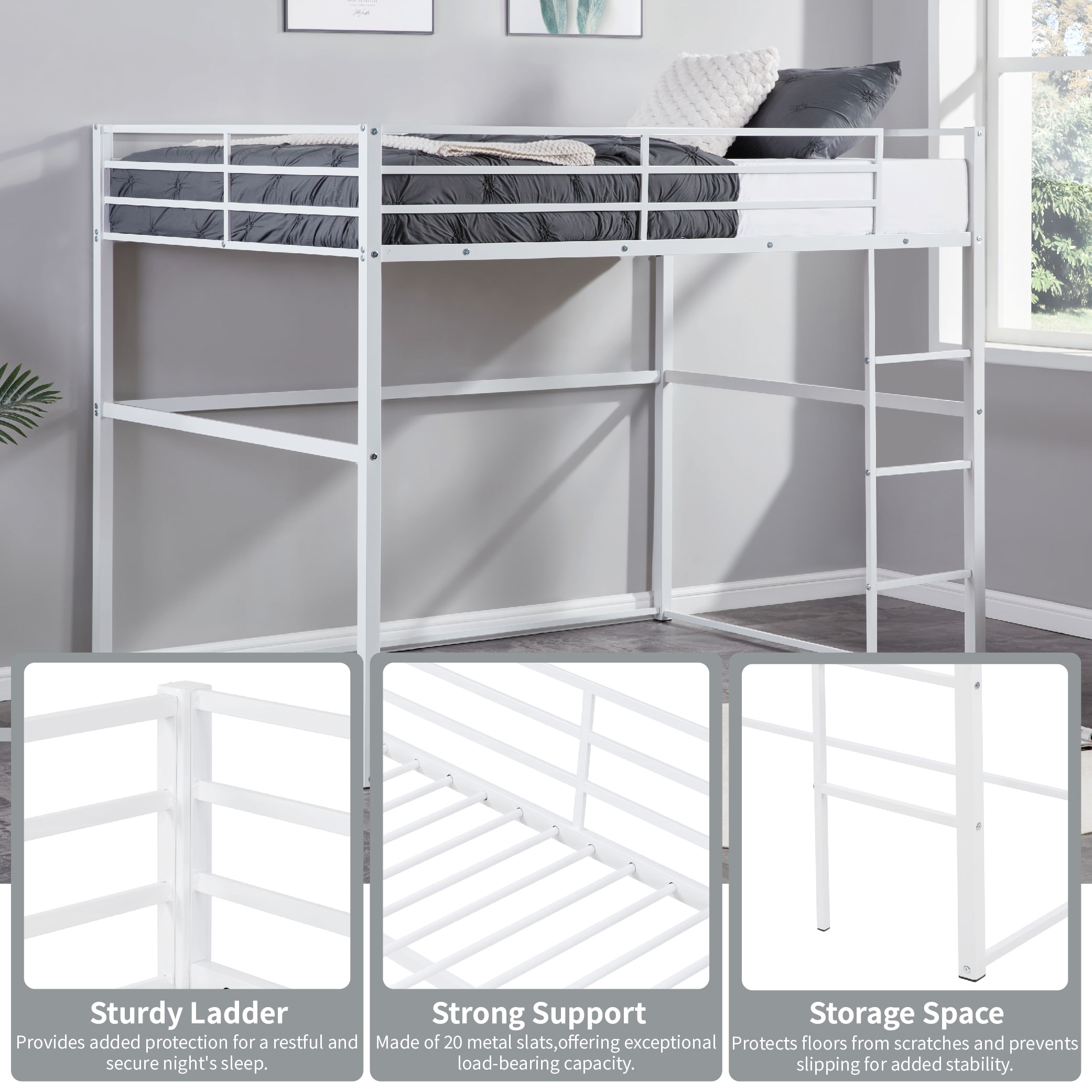 Metal Loft Bed Twin Size, Loft Bed Frame with Safety Guard Rails & Flat Ladder, Twin Loft Bed for Kids Teens Adults, White Metal Loft Bed Twin Size, Loft Bed Frame with Safety Guard Rails & Flat Ladder, Twin Loft Bed for Kids Teens Adults, White